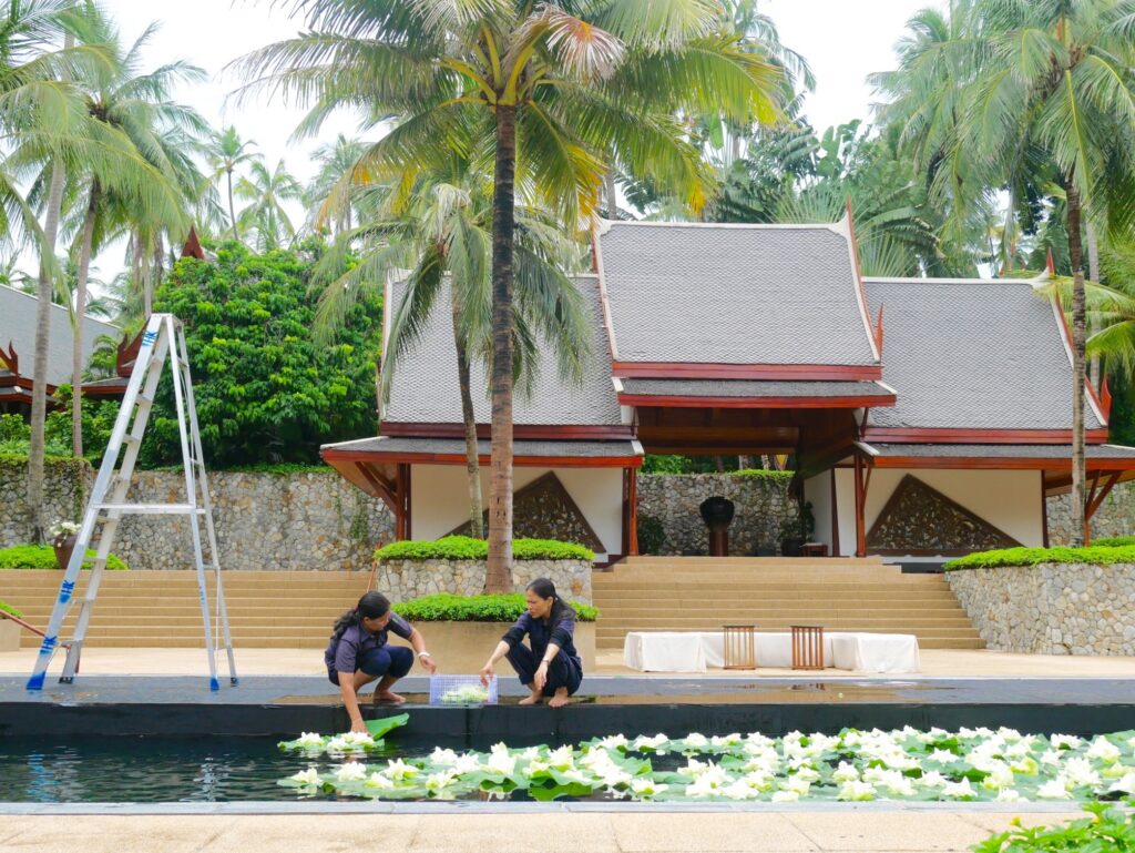 Frauen lassen Blumengebinde in einen Pool in Thailand